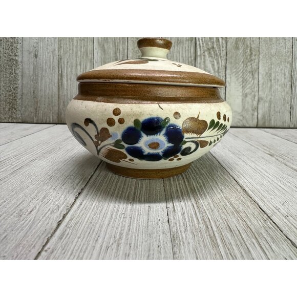 Vintage Mexican Tonala Trinket Dish with Blue Floral Accents 4" Diameter 3" Tall - Picture 2 of 14
